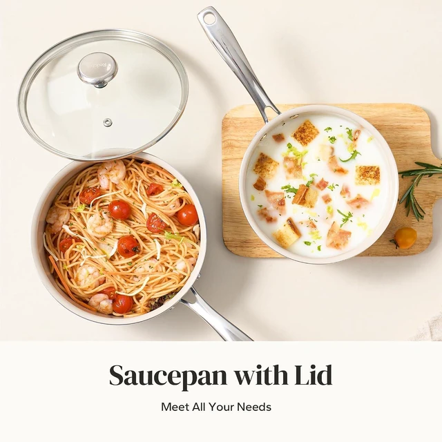 Alt view image 2 of 7 - Redchef Ceramic Sauce Pan with Lid, 2.5QT+3.5QT Blue & White Saucepans Set, Nonstick Cooking Pot Set with Stay-Cool Handle, Non Toxic Small Pot, PTFE & PFOA Free, Oven Dishwasher Induction Safe
