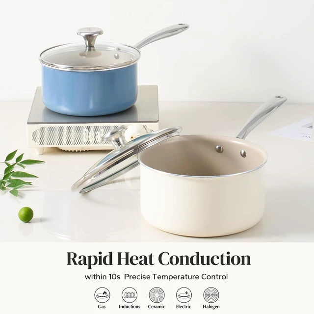 Alt view image 7 of 7 - Redchef Ceramic Sauce Pan with Lid, 2.5QT+3.5QT Blue & White Saucepans Set, Nonstick Cooking Pot Set with Stay-Cool Handle, Non Toxic Small Pot, PTFE & PFOA Free, Oven Dishwasher Induction Safe