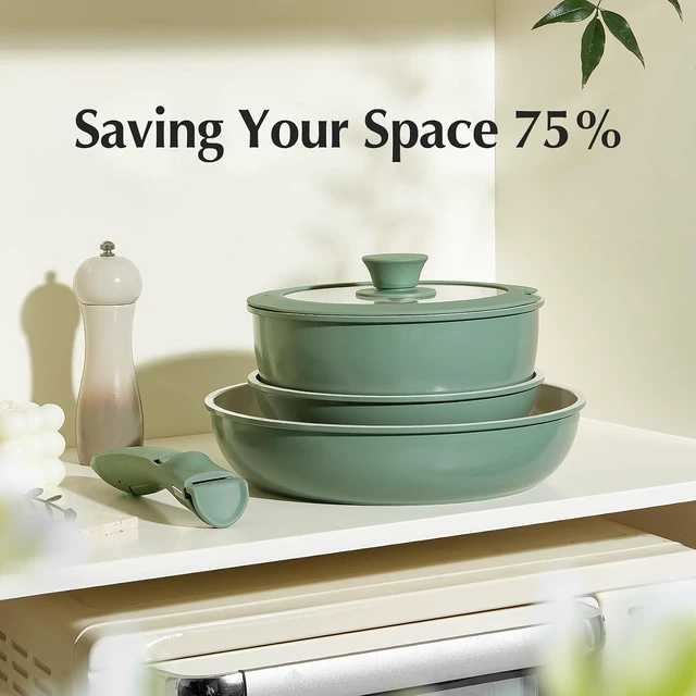 Alt view image 4 of 7 - Ceramic Pots and Pans Set Non Stick, Nonstick Kitchen Cookware Sets, Non Toxic Pots and Pans Set Non Stick, PFAS PFOA & PTFE Free, Detachable Handle Pots and Pans 6 Piece, RV Cookware (Green)
