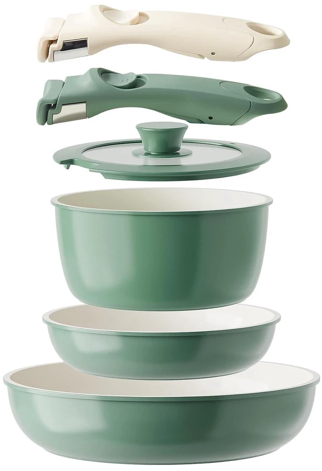 Main image of Ceramic Pots and Pans Set Non Stick, Nonstick Kitchen Cookware Sets, Non Toxic Pots and Pans Set Non Stick, PFAS PFOA & PTFE Free, Detachable Handle Pots and Pans 6 Piece, RV Cookware (Green)