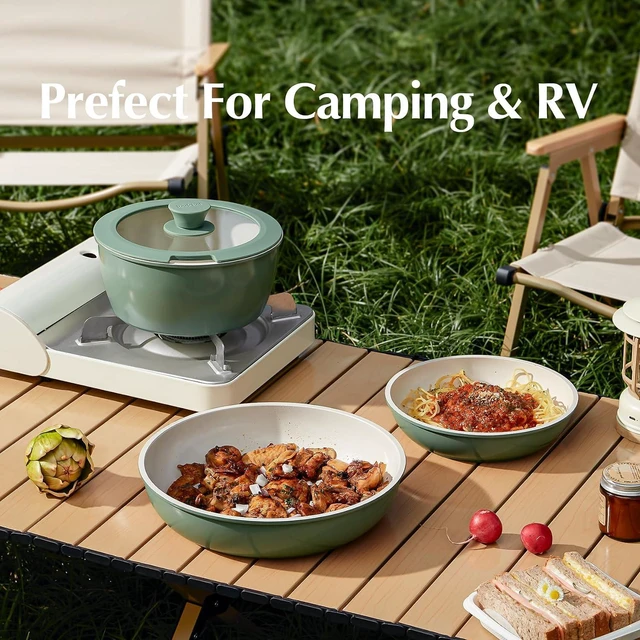 Alt view image 5 of 7 - Ceramic Pots and Pans Set Non Stick, Nonstick Kitchen Cookware Sets, Non Toxic Pots and Pans Set Non Stick, PFAS PFOA & PTFE Free, Detachable Handle Pots and Pans 6 Piece, RV Cookware (Green)