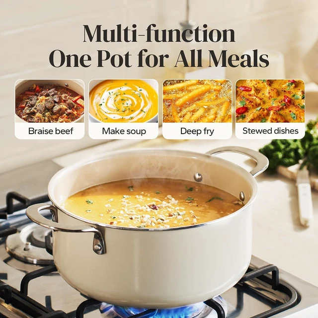 Alt view image 4 of 7 - Redchef 5 QT Ceramic Stock Pot with Lid, 8" 9.5" 11" Ceramic Frying Pan Set, PFAS & PTFE & PFOA Free with Stay Cool Handle, Dishwasher & Oven Safe (Beige)