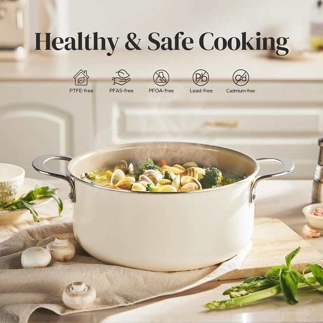 Alt view image 5 of 7 - Redchef 5 QT Ceramic Stock Pot with Lid, 8" 9.5" 11" Ceramic Frying Pan Set, PFAS & PTFE & PFOA Free with Stay Cool Handle, Dishwasher & Oven Safe (Beige)