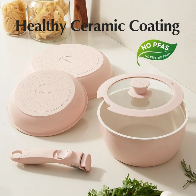 Alt view image 2 of 7 - Ceramic Pots and Pans Set Non Stick, Nonstick Kitchen Cookware Sets, Non Toxic Pots and Pans Set Non Stick, PFAS PFOA & PTFE Free, Detachable Handle Pots and Pans 6 Piece, RV Cookware (Pink)