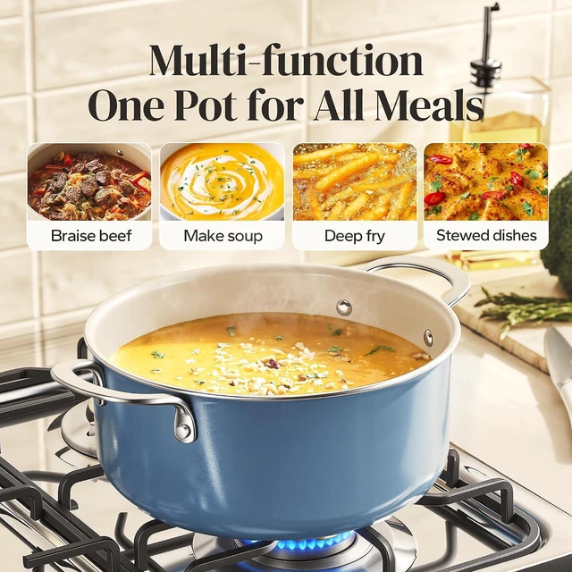 Alt view image 5 of 7 - Redchef Ceramic Stock Pot, Induction Cooking Pot with Glass Lid for Soup, 5Qt Stockpot Nonstick Soup Pot, Even Heating, Stay-Cool Handles,Fits All Stoves, Oven/Dishwasher Safe, PFAS Free (Blue)