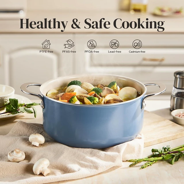 Alt view image 2 of 7 - Redchef Ceramic Stock Pot, Induction Cooking Pot with Glass Lid for Soup, 5Qt Stockpot Nonstick Soup Pot, Even Heating, Stay-Cool Handles,Fits All Stoves, Oven/Dishwasher Safe, PFAS Free (Blue)
