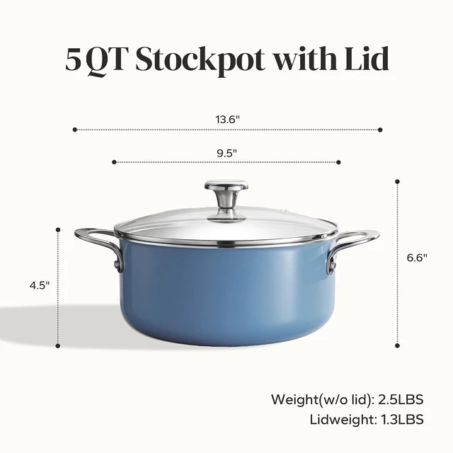 Alt view image 6 of 7 - Redchef Ceramic Stock Pot, Induction Cooking Pot with Glass Lid for Soup, 5Qt Stockpot Nonstick Soup Pot, Even Heating, Stay-Cool Handles,Fits All Stoves, Oven/Dishwasher Safe, PFAS Free (Blue)