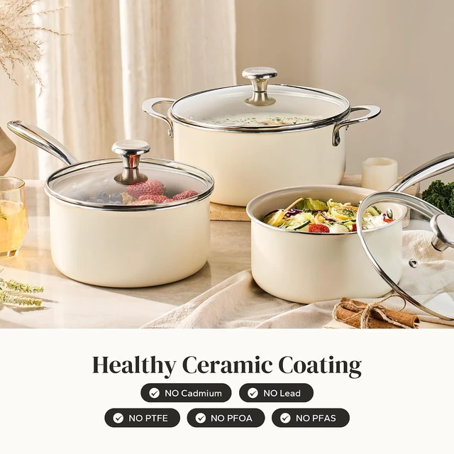 Alt view image 2 of 7 - Redchef Stock Pot Set with Lid 5Qt, Ceramic Saucepan Set 2.5/3.5Qt, Induction Cooking Pot Set, Nonstick Cookware Set For Stoves, Even Heat, Stay-Cool Handle, Oven/Dishwasher Safe, PFAS Free (Beige)