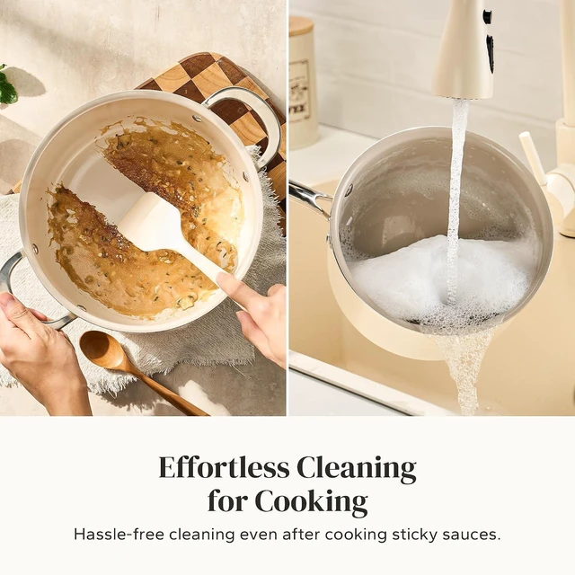 Alt view image 5 of 7 - Redchef Stock Pot Set with Lid 5Qt, Ceramic Saucepan Set 2.5/3.5Qt, Induction Cooking Pot Set, Nonstick Cookware Set For Stoves, Even Heat, Stay-Cool Handle, Oven/Dishwasher Safe, PFAS Free (Beige)