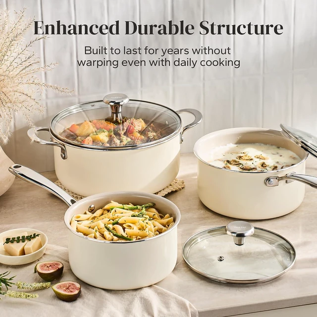 Alt view image 4 of 7 - Redchef Stock Pot Set with Lid 5Qt, Ceramic Saucepan Set 2.5/3.5Qt, Induction Cooking Pot Set, Nonstick Cookware Set For Stoves, Even Heat, Stay-Cool Handle, Oven/Dishwasher Safe, PFAS Free (Beige)