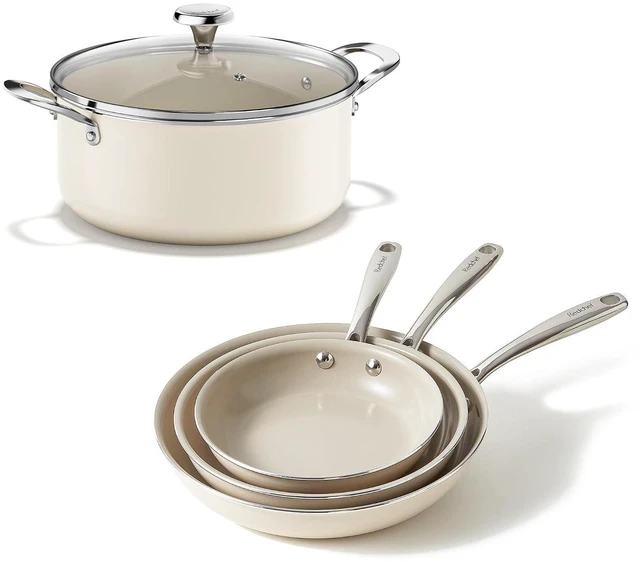 Main image of Redchef 5 QT Ceramic Stock Pot with Lid, 8" 9.5" 11" Ceramic Frying Pan Set, PFAS & PTFE & PFOA Free with Stay Cool Handle, Dishwasher & Oven Safe (Beige)