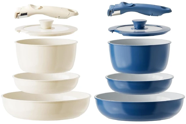 Main image of Redchef Ceramic Pots and Pans, Nonstick Kitchen Cookware, Non Toxic Pots and Pans Non Stick, PFAS PFOA & PTFE Free, Detachable Handle 10 Piece Set (Beige+Blue), RV Cookware