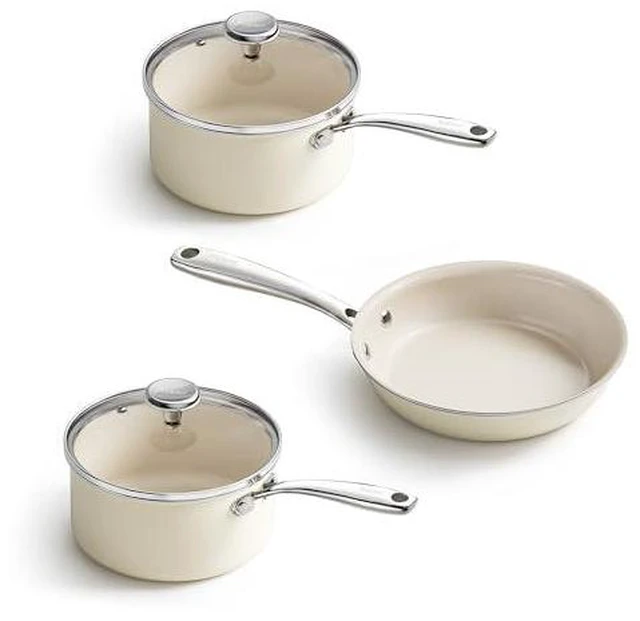 Main image of Redchef Nonstick Mini Cookware Set, 8"Ceramic Fry Pan, 2.5QT Small Saucepan with Lid*2,Cooking Pot with Stay-Cool Handles, Compatible All Stovetops, PFAS PFOA & PTFEFree (Beige)