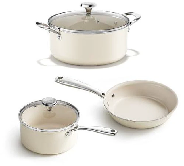 Main image of Redchef Nonstick Mini Cookware Set, 8"Ceramic Fry Pan 2.5Qt Sauce Pan with Lid, 5 QT Ceramic Stock Pot with Lid,Stay-Cool Handles, Compatible All Stovetops, PFAS PFOA & PTFE Free (Beige)