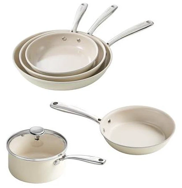 Main image of Redchef Nonstick Mini Cookware Set, 8"Ceramic Fry Pan 2.5Qt Saucepan with Lid,8" 9.5" 11" Ceramic Frying Pan Set, PFAS & PTFE & PFOA Free with Stay Cool Handle,Dishwasher & Oven Safe,Beige