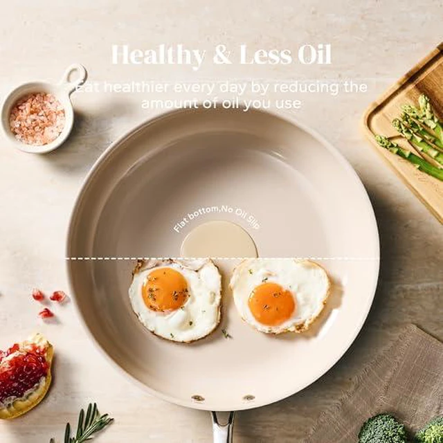 Alt view image 2 of 7 - Redchef Nonstick Mini Cookware Set, 8"Ceramic Fry Pan 2.5Qt Saucepan with Lid,8" 9.5" 11" Ceramic Frying Pan Set, PFAS & PTFE & PFOA Free with Stay Cool Handle,Dishwasher & Oven Safe,Beige