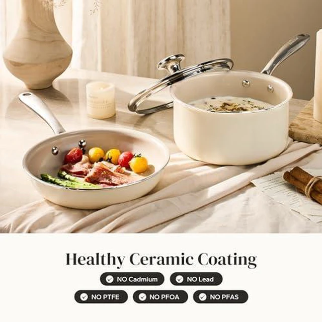 Alt view image 2 of 7 - Redchef Nonstick Mini Cookware Set, 8"Ceramic Fry Pan 2.5QT,3.5QT Small Saucepan,Cooking Pot with Stay-Cool Handles, Compatible All Stovetops, PFAS PFOA & PTFEFree (Beige)