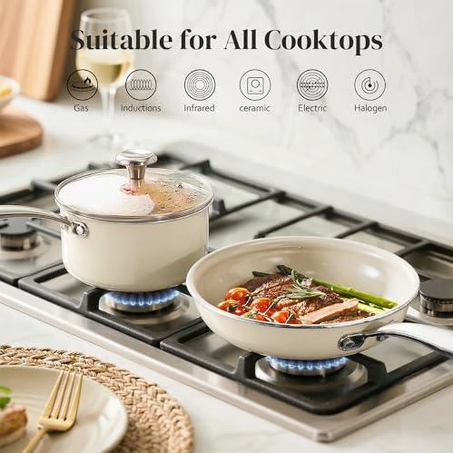 Alt view image 5 of 7 - Redchef Nonstick Mini Cookware Set, 8"Ceramic Fry Pan 2.5QT,3.5QT Small Saucepan,Cooking Pot with Stay-Cool Handles, Compatible All Stovetops, PFAS PFOA & PTFEFree (Beige)