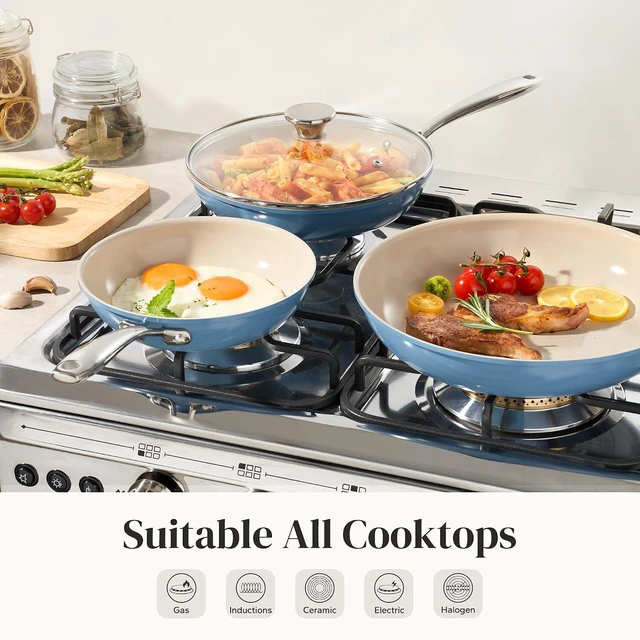 Alt view image 7 of 7 - Redchef Nonstick 12-Piece Fry Pan Set, 8, 9.5, and 11 Inch Frying Pans with Tempered Glass Lids, Stay-Cool Handles, Dishwasher & Oven Safe, Induction Safe, Compatible with All Cooktops, blue green