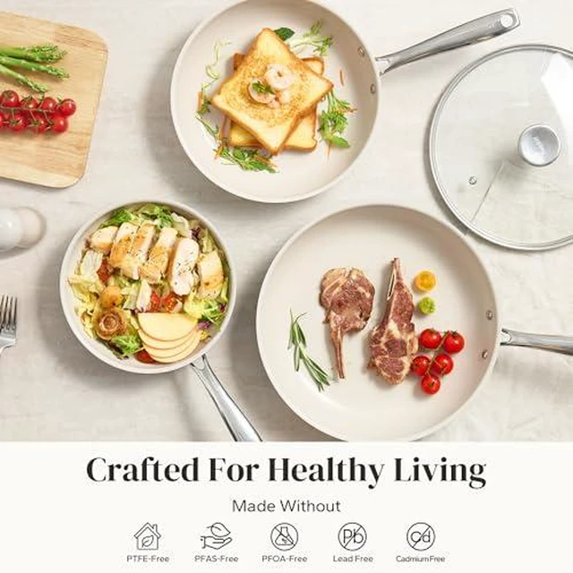 Alt view image 4 of 7 - Redchef Nonstick Mini Cookware Set, 8"Ceramic Fry Pan 2.5Qt Sauce Pan with Lid, 6PCS Frying Pans (8",9.5", 11"), Dishwasher/Oven/Induction Safe, Compatible All Cooktop, PFAS & PTFE &PFOA Free (Beige)