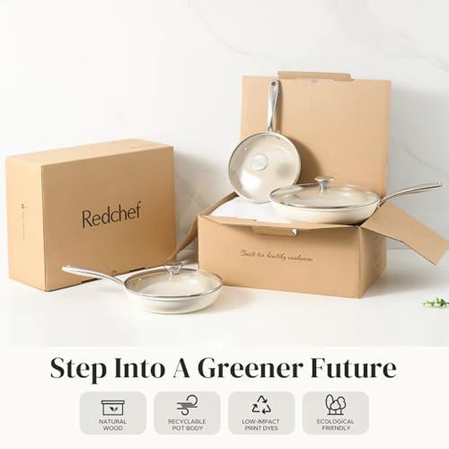Alt view image 6 of 7 - Redchef Nonstick Mini Cookware Set, 8"Ceramic Fry Pan 2.5Qt Sauce Pan with Lid, 6PCS Frying Pans (8",9.5", 11"), Dishwasher/Oven/Induction Safe, Compatible All Cooktop, PFAS & PTFE &PFOA Free (Beige)