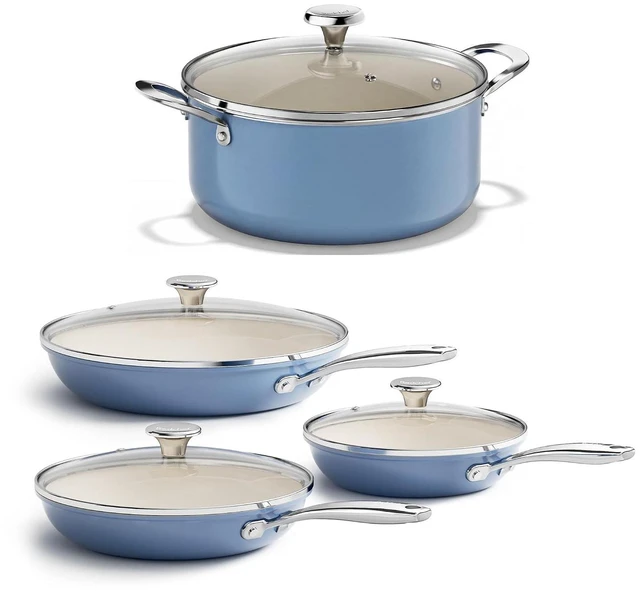 Main image of Redchef Ceramic Stock Pot with Lid 5 QT+ 6PCS Frying Pans (8", 9.5", 11"), Dishwasher & Oven Safe, Induction Safe, Compatible with All Cooktops, PFAS & PTFE & PFOA Free (Blue)