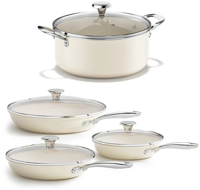 Main image of Redchef Ceramic Stock Pot with Lid 5 QT+ 6PCS Frying Pans (8", 9.5", 11"), Dishwasher & Oven Safe, Induction Safe, Compatible with All Cooktops, PFAS & PTFE & PFOA Free (Beige)
