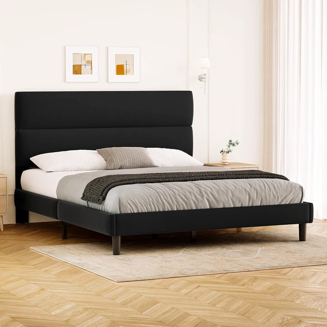 Main image of GRUSIGN Queen Size Platform Bed Frame with Velvet Headboard, Adjustable Height Wooden Slats Support, Upholstered Mattress Foundation, Fits Mattress or Mattress with Box Spring, Easy Assembly, Black