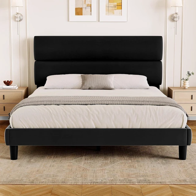 Alt view image 5 of 6 - GRUSIGN Queen Size Platform Bed Frame with Velvet Headboard, Adjustable Height Wooden Slats Support, Upholstered Mattress Foundation, Fits Mattress or Mattress with Box Spring, Easy Assembly, Black