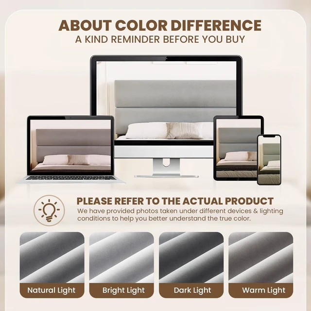 Alt view image 4 of 7 - GRUSIGN Queen Size Platform Bed Frame with Velvet Headboard, Adjustable Height Wooden Slats Support, Upholstered Mattress Foundation, Fits Mattress or Mattress with Box Spring, Easy Assembly, Grey