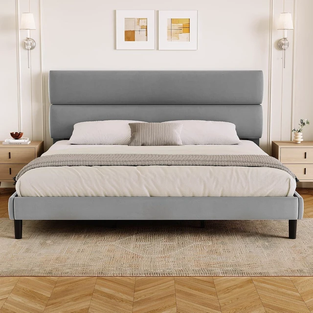 Alt view image 7 of 7 - GRUSIGN King Size Platform Bed Frame with Velvet Headboard, Adjustable Height Wooden Slats Support, Upholstered Mattress Foundation, Fits Mattress or Mattress with Box Spring, Easy Assembly, Grey
