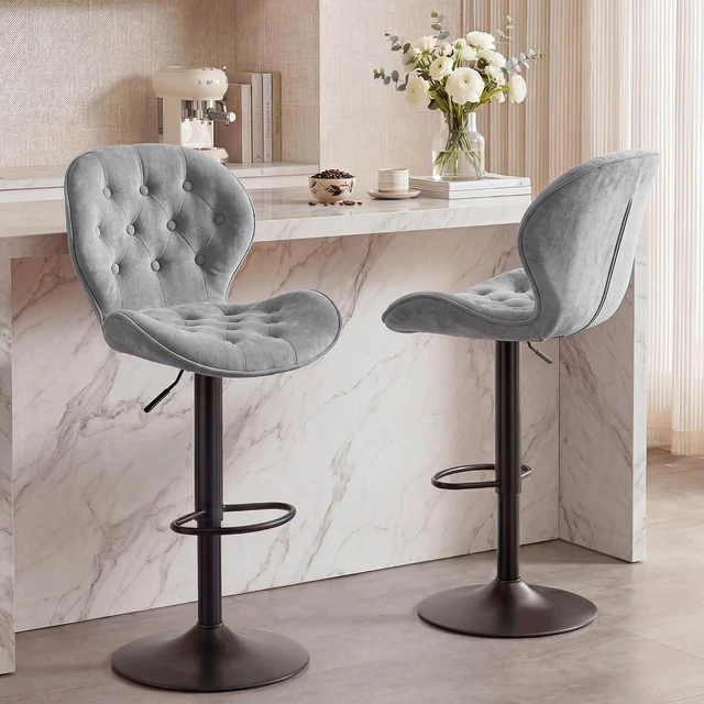 Main image of GRUSIGN Bar Stools Set of 2, Modern Swivel Adjustable Bar Chairs, Chenille Fabric Upholstered Counter Height Bar Stools with Backrest, Comfort Barstools for Kitchen Island, Home Bar, Grey