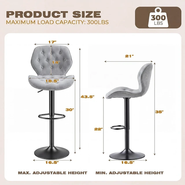 Alt view image 2 of 7 - GRUSIGN Bar Stools Set of 2, Modern Swivel Adjustable Bar Chairs, Chenille Fabric Upholstered Counter Height Bar Stools with Backrest, Comfort Barstools for Kitchen Island, Home Bar, Grey