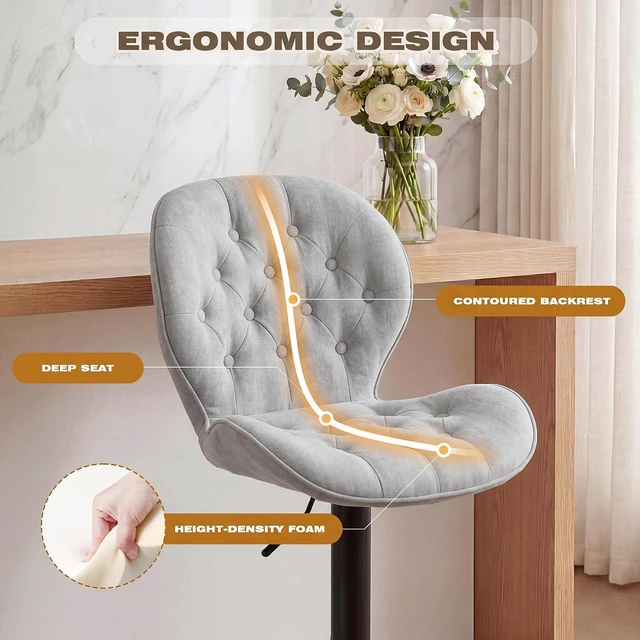 Alt view image 3 of 7 - GRUSIGN Bar Stools Set of 2, Modern Swivel Adjustable Bar Chairs, Chenille Fabric Upholstered Counter Height Bar Stools with Backrest, Comfort Barstools for Kitchen Island, Home Bar, Grey