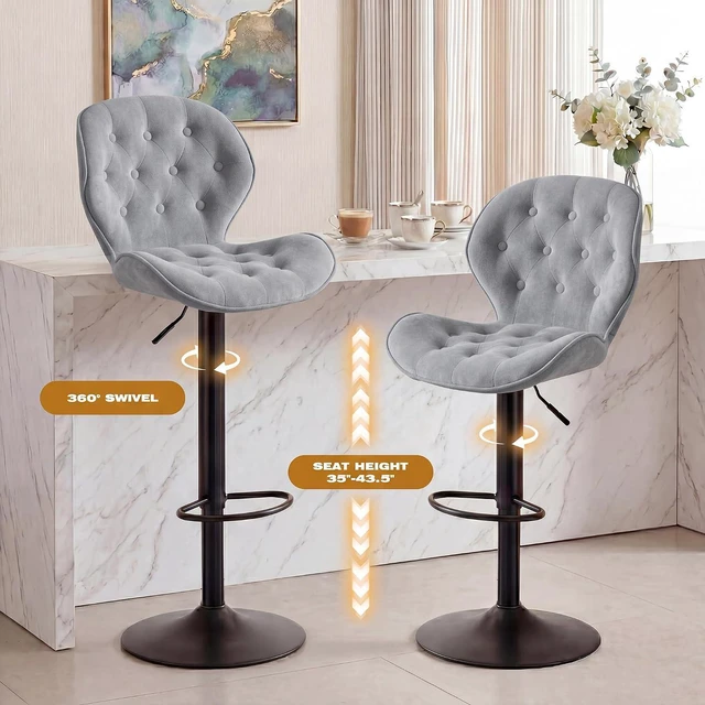 Alt view image 4 of 7 - GRUSIGN Bar Stools Set of 2, Modern Swivel Adjustable Bar Chairs, Chenille Fabric Upholstered Counter Height Bar Stools with Backrest, Comfort Barstools for Kitchen Island, Home Bar, Grey