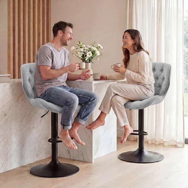 Alt view image 7 of 7 - GRUSIGN Bar Stools Set of 2, Modern Swivel Adjustable Bar Chairs, Chenille Fabric Upholstered Counter Height Bar Stools with Backrest, Comfort Barstools for Kitchen Island, Home Bar, Grey