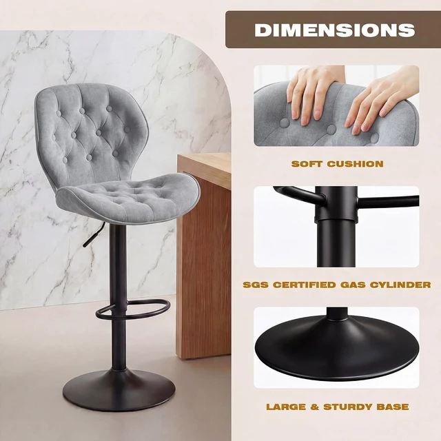 Alt view image 5 of 7 - GRUSIGN Bar Stools Set of 2, Modern Swivel Adjustable Bar Chairs, Chenille Fabric Upholstered Counter Height Bar Stools with Backrest, Comfort Barstools for Kitchen Island, Home Bar, Grey