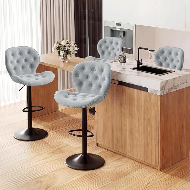 Main image of GRUSIGN Bar Stools Set of 4, Modern Swivel Adjustable Bar Chairs, Chenille Fabric Upholstered Counter Height Bar Stools with Backrest, Comfort Barstools for Kitchen Island, Home Bar, Grey