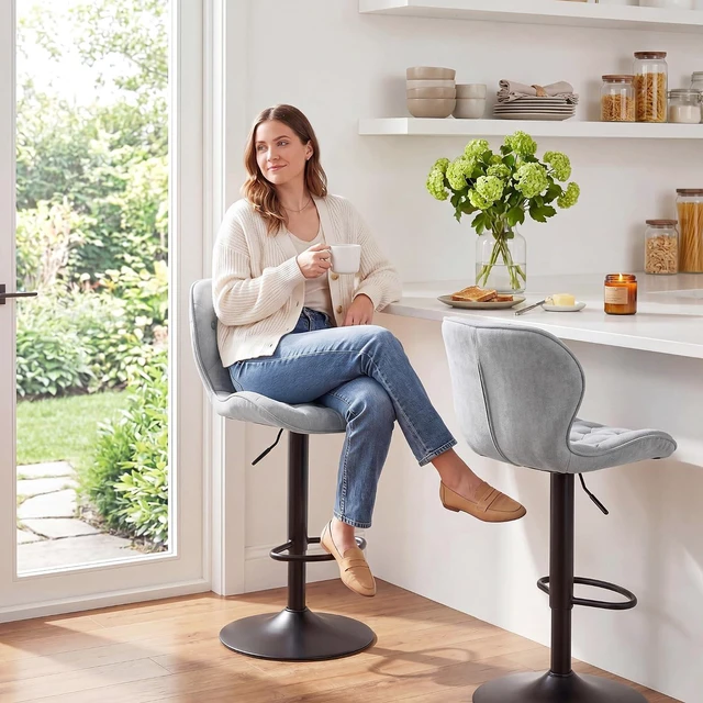Alt view image 6 of 7 - GRUSIGN Bar Stools Set of 2, Modern Swivel Adjustable Bar Chairs, Chenille Fabric Upholstered Counter Height Bar Stools with Backrest, Comfort Barstools for Kitchen Island, Home Bar, Grey