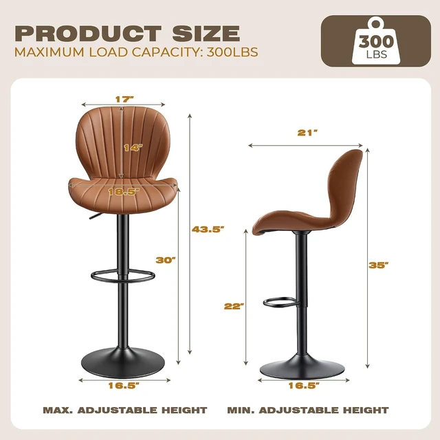 Alt view image 2 of 7 - GRUSIGN Bar Stools Set of 4, Modern Swivel Adjustable Bar Chairs, Faux Leather Upholstered Counter Height Bar Stools with Backrest, Comfort Barstools for Kitchen Island, Home Bar, Brown