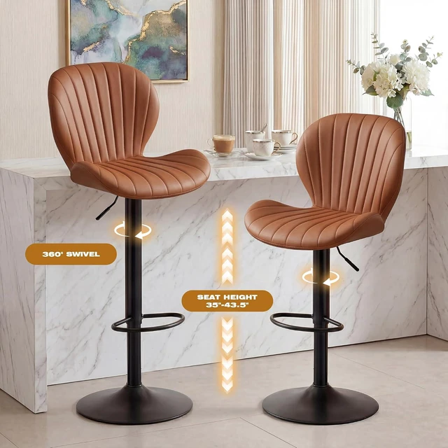 Alt view image 4 of 7 - GRUSIGN Bar Stools Set of 4, Modern Swivel Adjustable Bar Chairs, Faux Leather Upholstered Counter Height Bar Stools with Backrest, Comfort Barstools for Kitchen Island, Home Bar, Brown