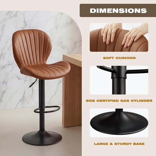 Alt view image 5 of 7 - GRUSIGN Bar Stools Set of 4, Modern Swivel Adjustable Bar Chairs, Faux Leather Upholstered Counter Height Bar Stools with Backrest, Comfort Barstools for Kitchen Island, Home Bar, Brown