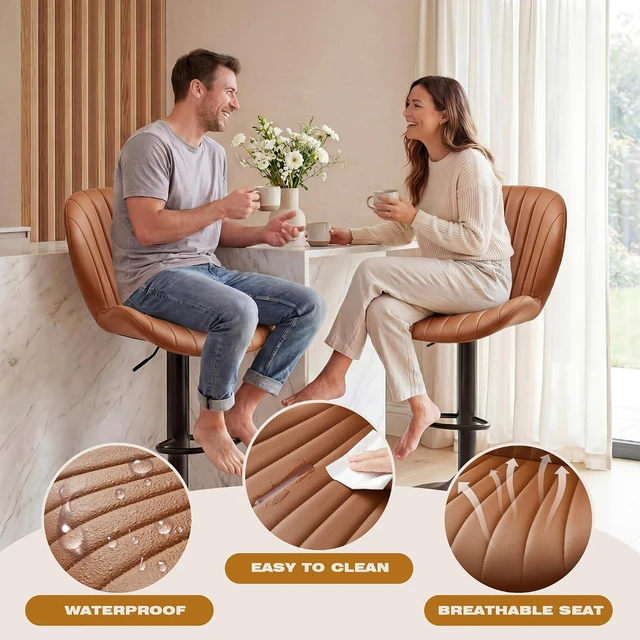 Alt view image 6 of 7 - GRUSIGN Bar Stools Set of 4, Modern Swivel Adjustable Bar Chairs, Faux Leather Upholstered Counter Height Bar Stools with Backrest, Comfort Barstools for Kitchen Island, Home Bar, Brown