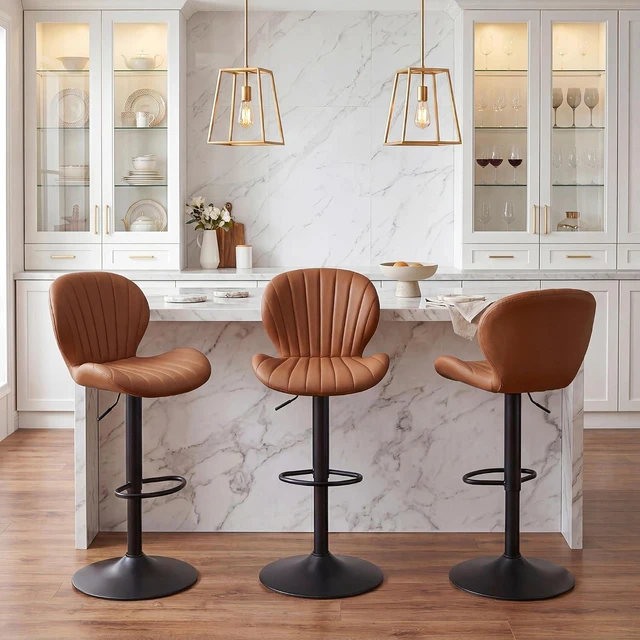 Alt view image 7 of 7 - GRUSIGN Bar Stools Set of 4, Modern Swivel Adjustable Bar Chairs, Faux Leather Upholstered Counter Height Bar Stools with Backrest, Comfort Barstools for Kitchen Island, Home Bar, Brown