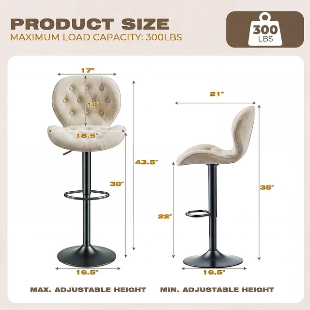 Alt view image 2 of 7 - GRUSIGN Bar Stools Set of 4, Modern Swivel Adjustable Bar Chairs, Chenille Fabric Upholstered Counter Height Bar Stools with Backrest, Comfort Barstools for Kitchen Island, Home Bar, Khaki