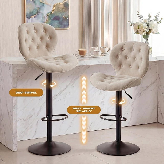 Alt view image 4 of 7 - GRUSIGN Bar Stools Set of 4, Modern Swivel Adjustable Bar Chairs, Chenille Fabric Upholstered Counter Height Bar Stools with Backrest, Comfort Barstools for Kitchen Island, Home Bar, Khaki