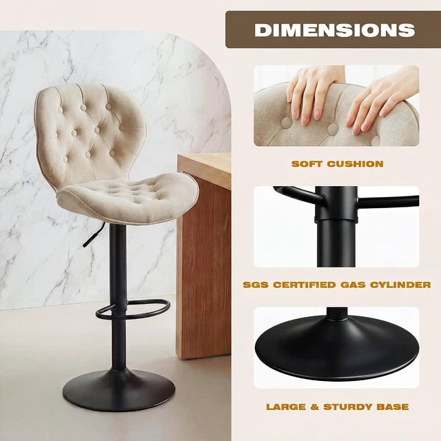 Alt view image 5 of 7 - GRUSIGN Bar Stools Set of 4, Modern Swivel Adjustable Bar Chairs, Chenille Fabric Upholstered Counter Height Bar Stools with Backrest, Comfort Barstools for Kitchen Island, Home Bar, Khaki
