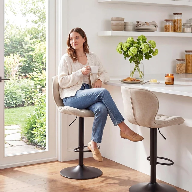 Alt view image 6 of 7 - GRUSIGN Bar Stools Set of 4, Modern Swivel Adjustable Bar Chairs, Chenille Fabric Upholstered Counter Height Bar Stools with Backrest, Comfort Barstools for Kitchen Island, Home Bar, Khaki