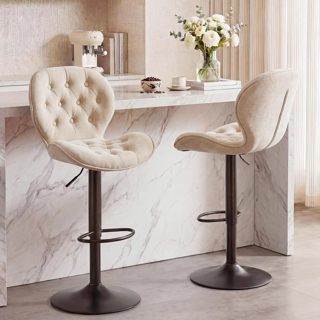 Main image of GRUSIGN Bar Stools Set of 2, Modern Swivel Adjustable Bar Chairs, Chenille Fabric Upholstered Counter Height Bar Stools with Backrest, Comfort Barstools for Kitchen Island, Home Bar, Khaki
