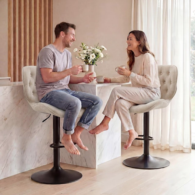 Alt view image 7 of 7 - GRUSIGN Bar Stools Set of 4, Modern Swivel Adjustable Bar Chairs, Chenille Fabric Upholstered Counter Height Bar Stools with Backrest, Comfort Barstools for Kitchen Island, Home Bar, Khaki
